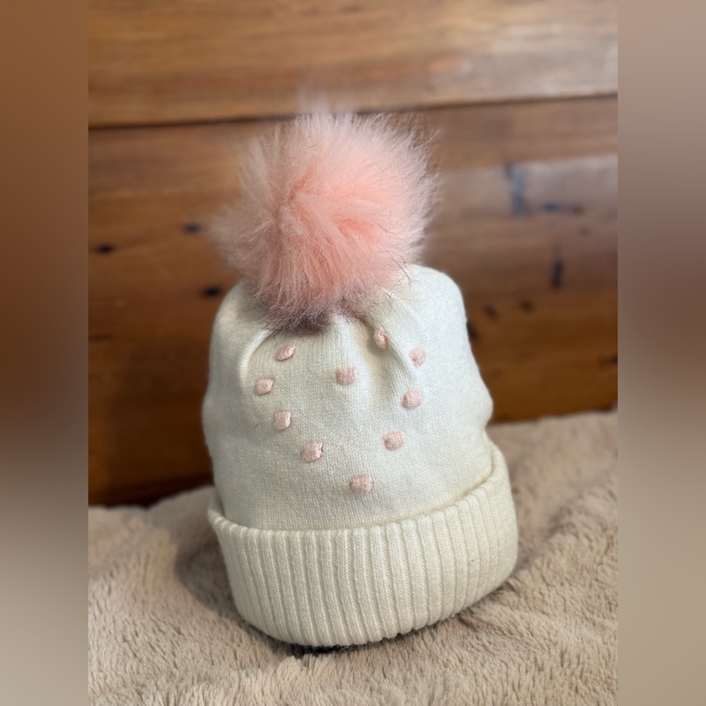 NYGB Cream Beanie with Pink Pom Pom toddler